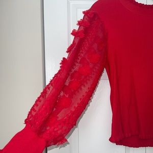RED holiday blouse - long sleeve - embellished / fun sleeves - Size XL